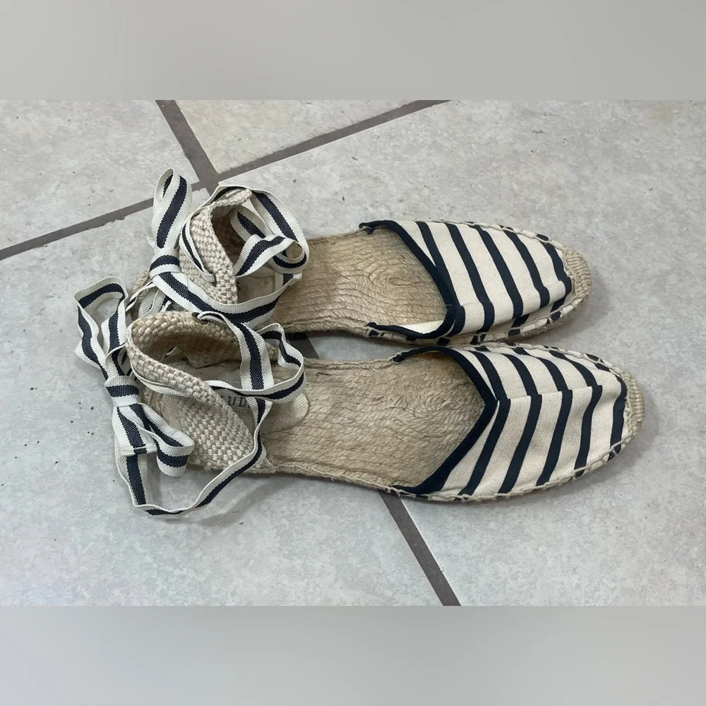 Soludos Cream Black Striped Nautical Strappy Ankle Tie Espadrilles Flats Sz 9.5 - Picture 9 of 13